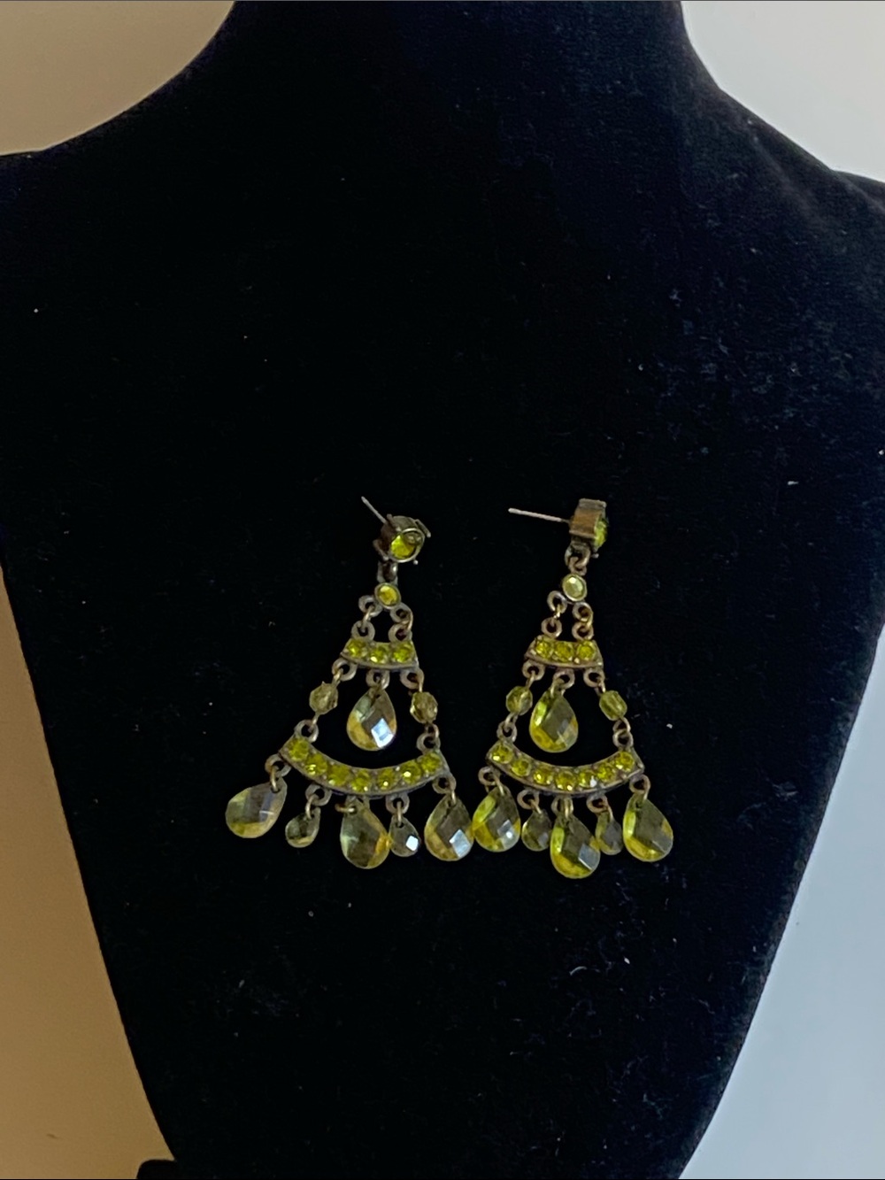Vintage Olive Green Teardrop Chandelier Earrings - Vintage